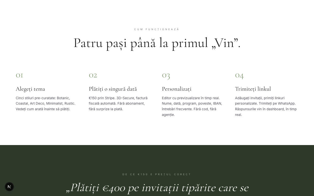 Cei patru pași: 01 Alegeți tema, 02 Plătiți o singură dată, 03 Personalizați, 04 Trimiteți linkul.