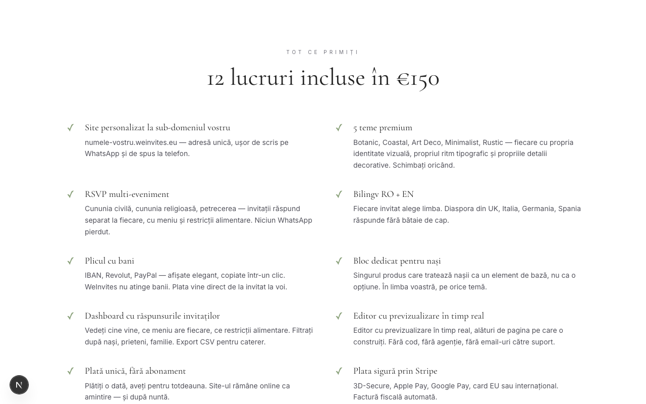 Lista cu 12 lucruri incluse în €150: site personalizat, 5 teme premium, RSVP multi-eveniment, bilingv RO+EN, plicul cu bani, bloc dedicat pentru nași, dashboard cu răspunsuri, editor cu preview, plată unică, plată sigură prin Stripe, factură fiscală, GDPR + UE.