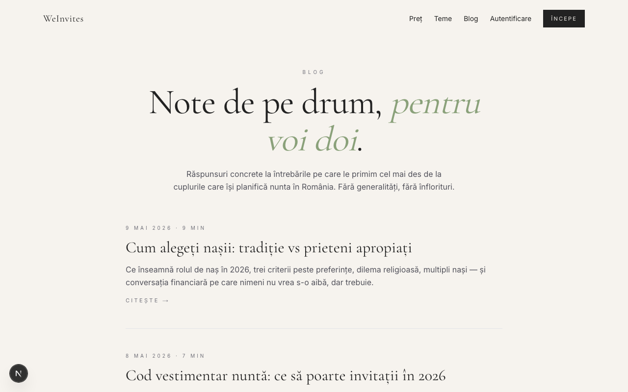 Pagina /blog cu titlul „Note de pe drum, pentru voi doi” și sub el lista de articole — fiecare cu data, durată de citit, titlu și descriere scurtă.