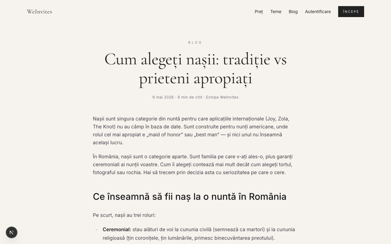 Pagina unui articol de blog deschisă: hero centrat cu titlu, dată, durată de citit și autor, urmat de corpul textului în prose.