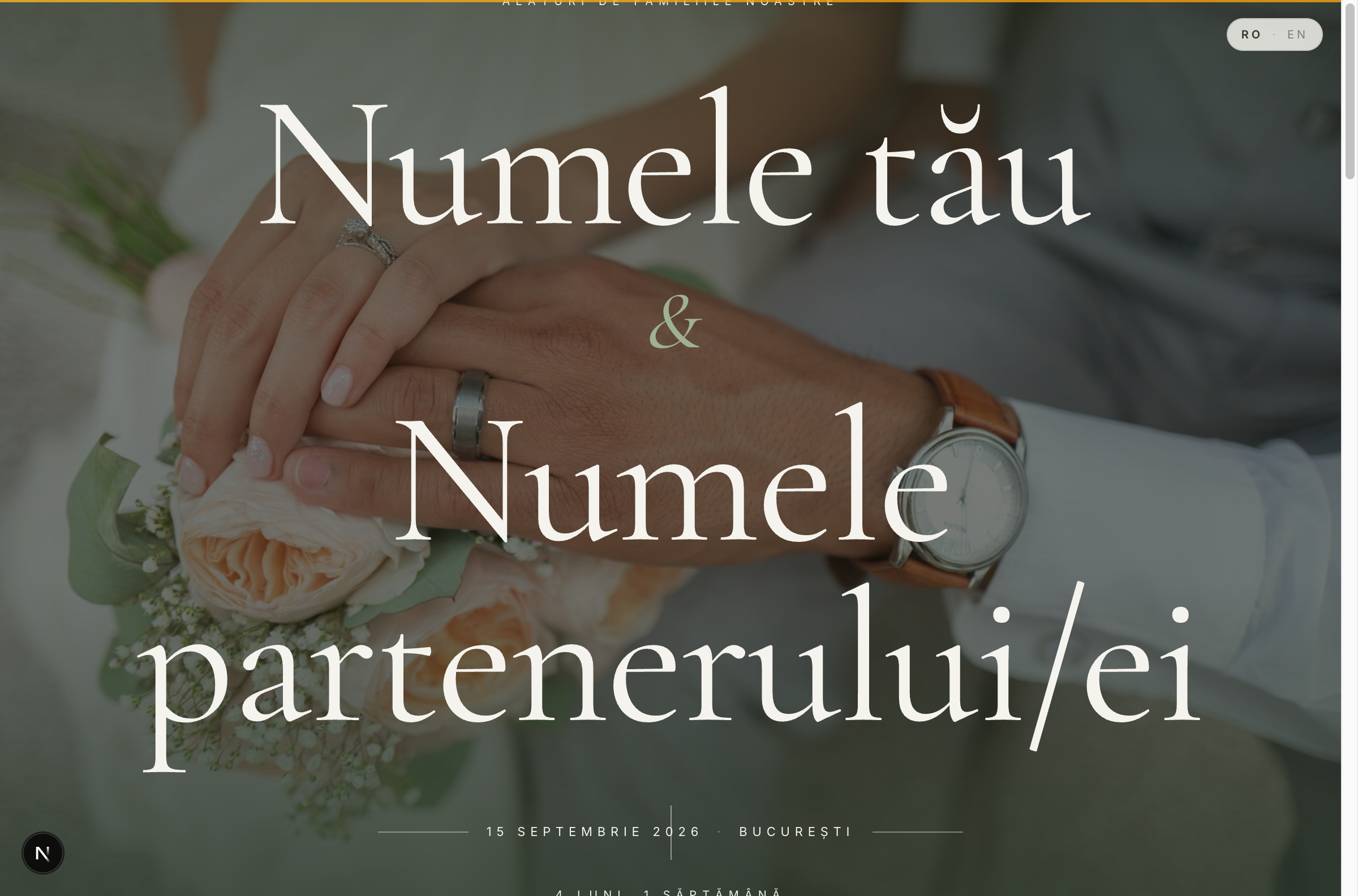 Site-ul public de nuntă în tema Botanic: hero cu numele cuplului mari, dată și oraș dedesubt, sub el countdown-ul 4 luni 1 săptămână până la zi.